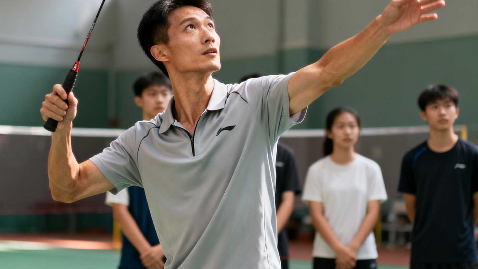 教练李铭辉在场地中央示范发球动作，他约32岁身材精瘦，穿着浅灰色训练服，右手持拍做出标准发球姿势，动作舒展流畅，背景可见几位学员认真观摩